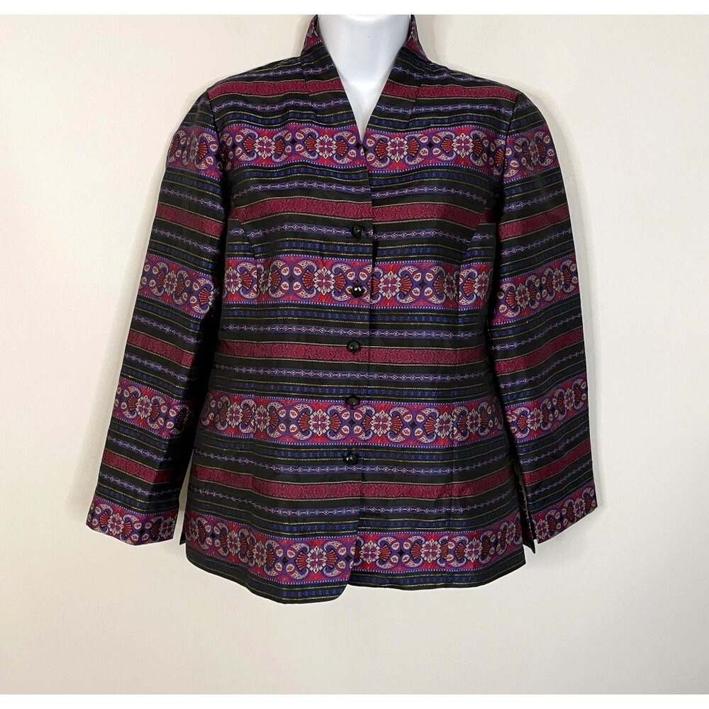 Talbots Womens Silk Brocade Tunic Top Size 6P Pink Black Button Up Long Sleeve